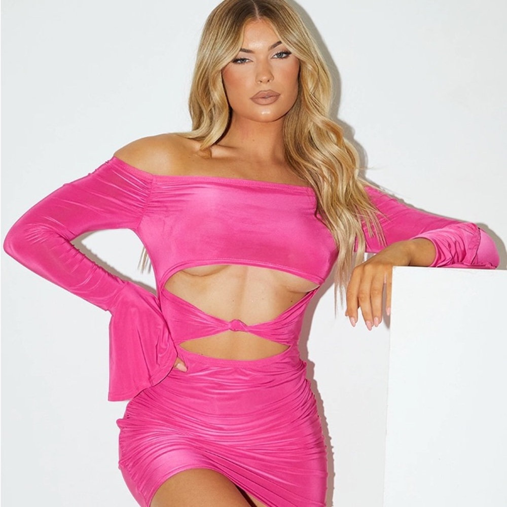 Pretty Little Thing Pink Slinky Bell Sleeve Bardot Knot Detail Bodycon Dress